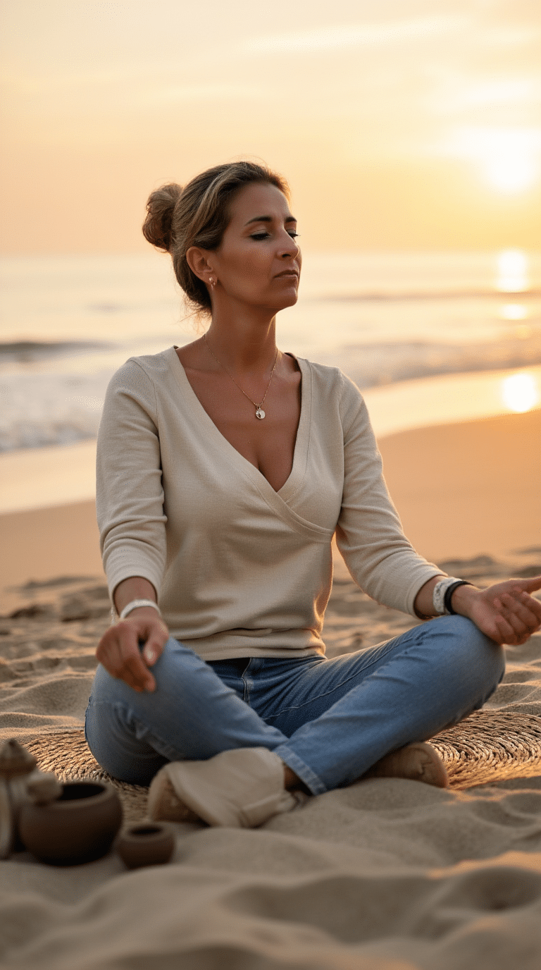 Frau in friedlicher Meditation am See